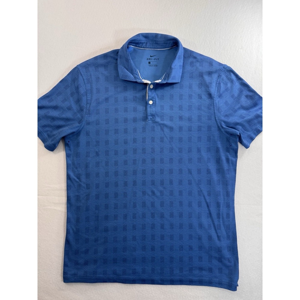 Nike Dri-FIT Polo Shirt Mens Large Blue Check Golf Standard Fit Logo Performance